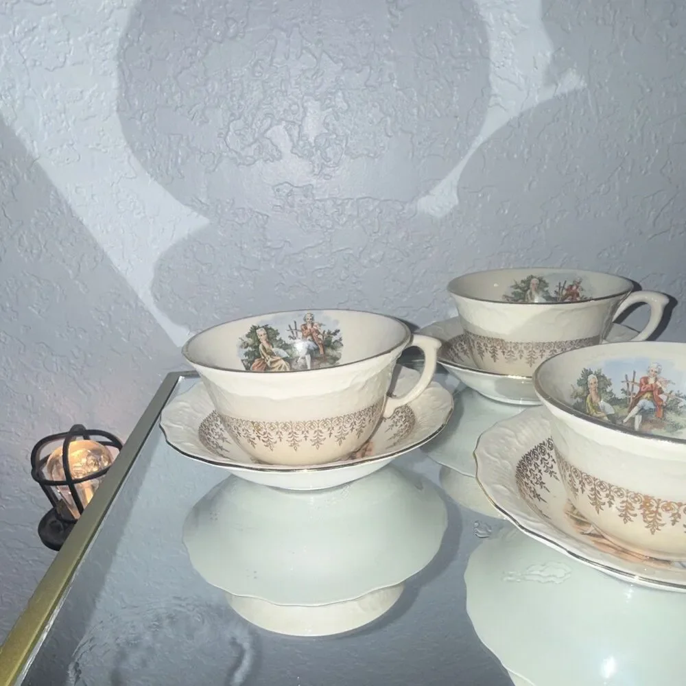 Vintage of 3 Ceramic Tea Cup & Saucer White the mallmars Romantic Couple Scene